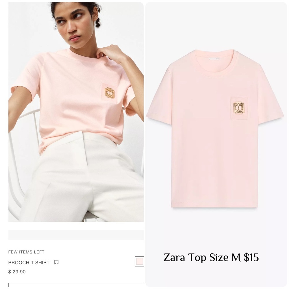 Zara Light Pink Tee with Embellished Pocket